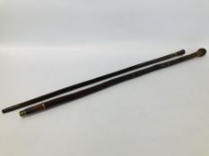 2 X VINTAGE WALKING CANES TO INCLUDE A ORIENTAL DESIGN HARDWOOD CANE AND A HORN TOPPED CANE