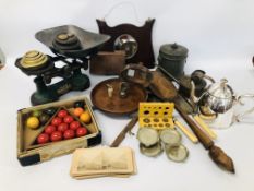 BOX OF ASSORTED COLLECTABLE'S TO INCLUDE VINTAGE WATERING BRASS CAN, SLIDE VIEW,