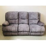 A MODERN DESIGNER 3 SEATER GREY SUEDE RECLINER SOFA - SOLD AS SEEN