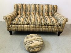 PERIOD SOFA TAPESTRY ROPE TWIST DESIGN ON OAK TURNED FEET W 182CM, D 101CM,