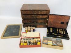 VINTAGE 4 DRAWER STATIONARY BOX ALONG WITH VARIOUS PAINTED,