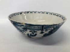 C18TH BLUE AND WHITE DELFT PUNCH BOWL, PROBABLY LIVERPOOL (CHIPS TO RIM AND BASE) D 29.