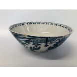 C18TH BLUE AND WHITE DELFT PUNCH BOWL, PROBABLY LIVERPOOL (CHIPS TO RIM AND BASE) D 29.