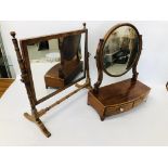 TWO ANTIQUE MAHOGANY VANITY MIRRORS, ONE WITH TWO DRAWER BOW FRONTED BASE WIDTH 44CM HEIGHT 56CM,