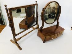 TWO ANTIQUE MAHOGANY VANITY MIRRORS, ONE WITH TWO DRAWER BOW FRONTED BASE WIDTH 44CM HEIGHT 56CM,