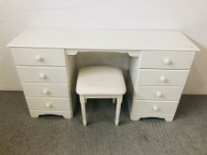 AN 8 DRAWER WHITE FINISH DRESSING TABLE WITH STOOL