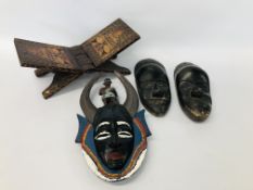 3 X ETHNIC HARDWOOD WALL MASKS AND AN ETHNIC FOLDING STOOL