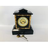 DECORATIVE PERIOD SLATE AND MARBLE MANTEL CLOCK (WITH KEY AND PENDULUM) H 31CM