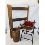 VINTAGE LINEN HORSE ALONG WITH A WICKER BASKET AND FOLDING VINTAGE SEWING BASKET ON WOODEN LEGS