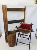 VINTAGE LINEN HORSE ALONG WITH A WICKER BASKET AND FOLDING VINTAGE SEWING BASKET ON WOODEN LEGS