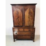 VICTORIAN MAHOGANY LINEN PRESS WITH TURNED HANDLES, BEADED DETAIL TO DOORS W 124CM, D 56CM,