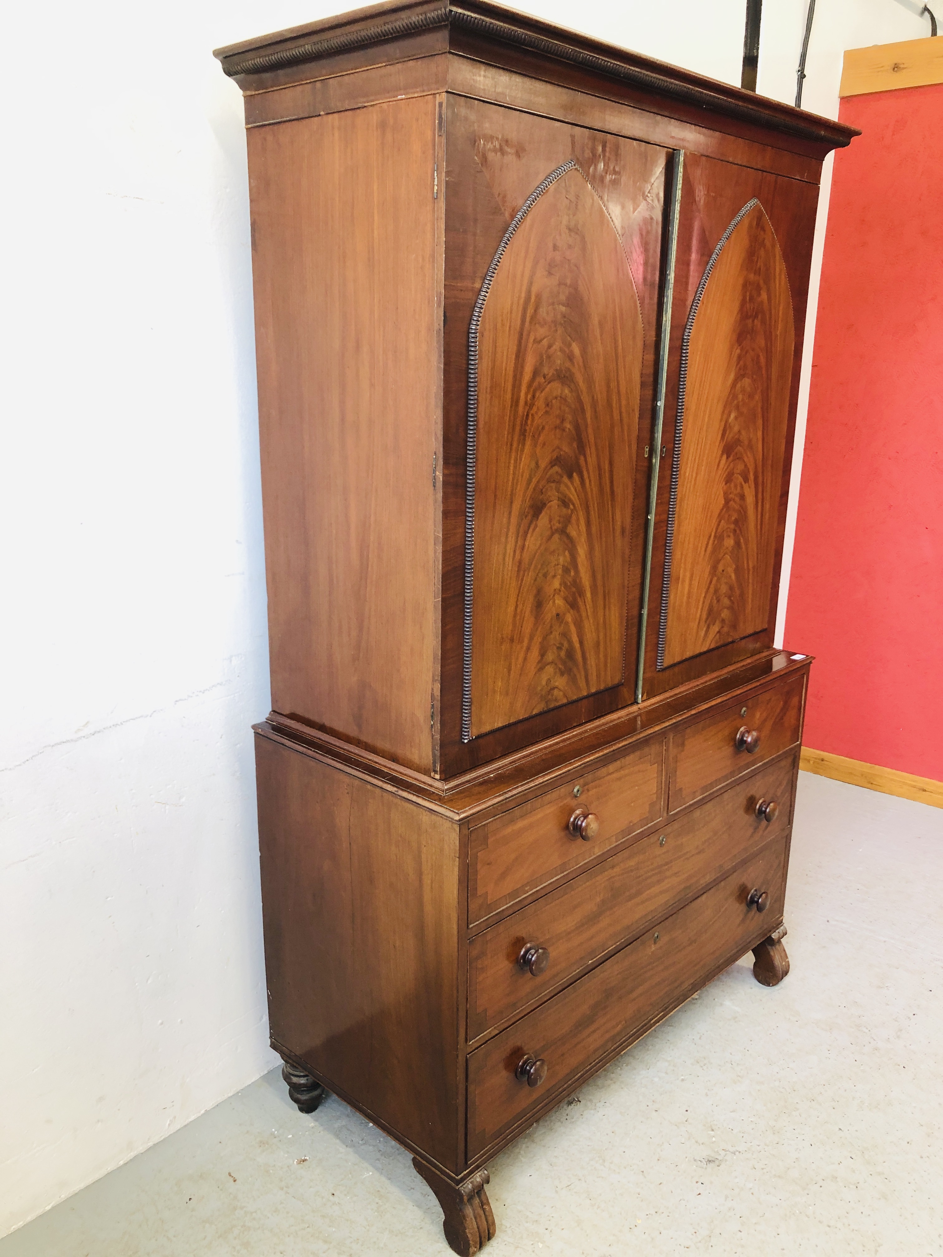 VICTORIAN MAHOGANY LINEN PRESS WITH TURNED HANDLES, BEADED DETAIL TO DOORS W 124CM, D 56CM, - Image 9 of 12