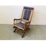 EDWARDIAN BEECH WOOD ROCKING CHAIR WITH TAPESTRY DETAIL