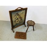 AN OAK FIRE SCREEN WITH NEEDLEWORK INSET,