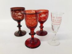 THREE C19TH RUBY GLASS GOBLETS DECORATED WITH FRUITING VINES ALONG WITH A SMALL GLASS "BE SURE YOU