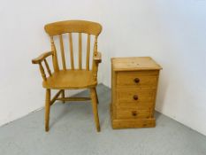 A BEECHWOOD ELBOW HAIR AND SMALL PINE THREE DRAWER BEDSIDE CHEST