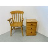 A BEECHWOOD ELBOW HAIR AND SMALL PINE THREE DRAWER BEDSIDE CHEST