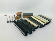 COLLECTION OF 10 HORNBY CARRIAGES TO INCLUDE FIRST CLASS ALONG WITH 4 X HORNBY SIGNALS,