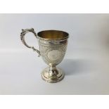 VICTORIAN SILVER GOBLET WITH DOUBLE SCROLLED HANDLE, THE BODY WITH VACANT CARTOUCHE,