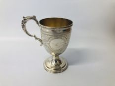 VICTORIAN SILVER GOBLET WITH DOUBLE SCROLLED HANDLE, THE BODY WITH VACANT CARTOUCHE,