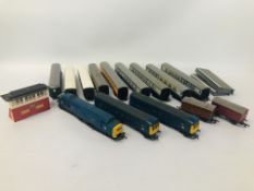 BOX OF ASSORTED TRIANG LOCOS & CARRIAGES, TRIANG CREWE BUILDING ETC.