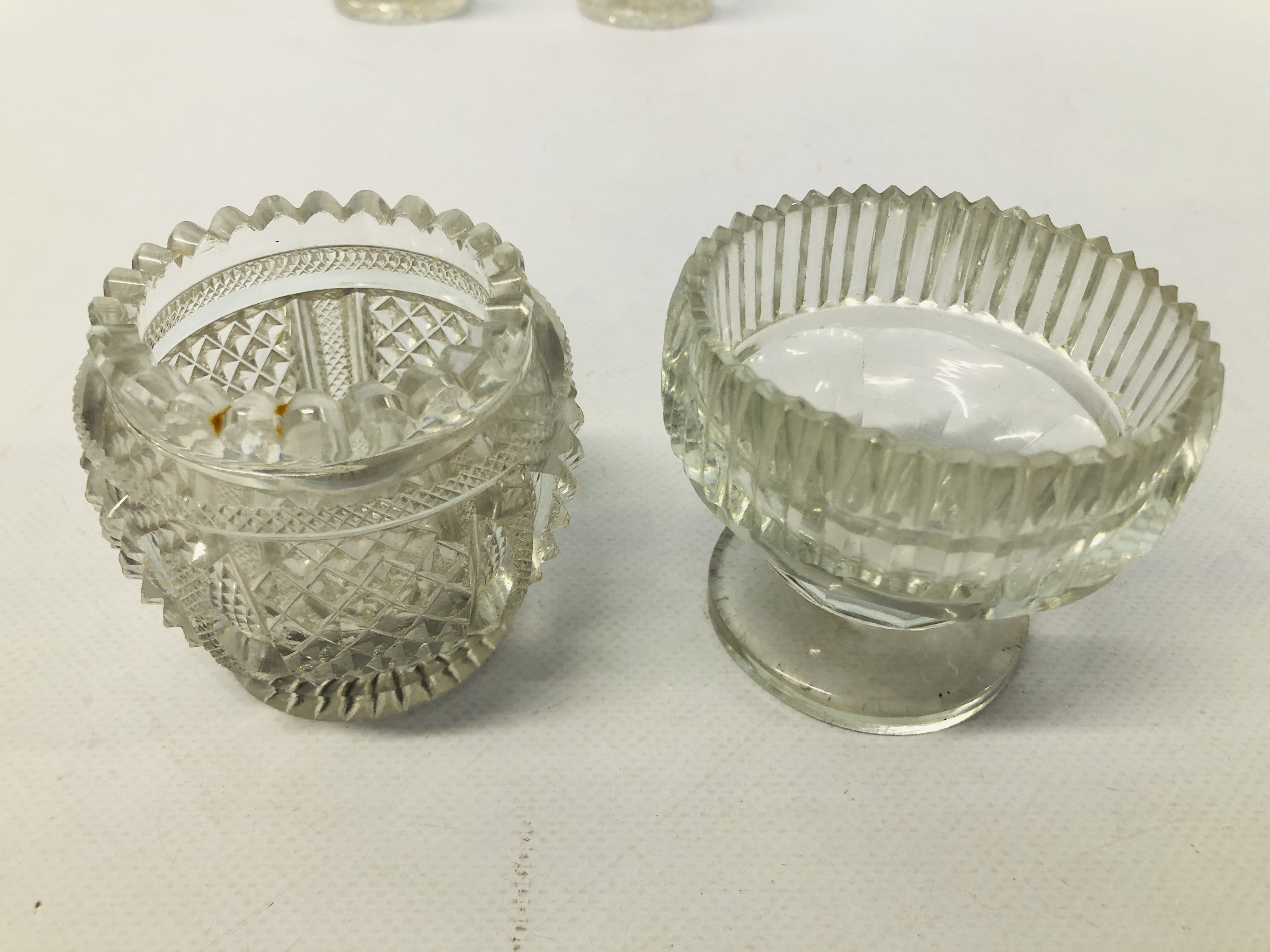 A PAIR OF C19TH GLASS CIRCULAR SALTS, ALONG WITH ANOTHER CIRCULAR SALT WITH SERRATED SIDES, - Image 4 of 5