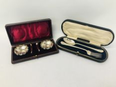 CASED SET OF VICTORIAN SILVER SALTS AND SPOONS (BIRMINGHAM 1899) PLUS A CASED SILVER FORK AND SPOON