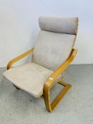 AN IKEA POANG CHAIR WITH MOCHA SUEDETTE UPHOLSTERED SEAT AND BACK