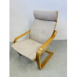 AN IKEA POANG CHAIR WITH MOCHA SUEDETTE UPHOLSTERED SEAT AND BACK