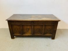 VINTAGE HEAVY OAK COFFER WITH LINEN FOLD DETAIL (KEY WITH AUCTIONEER) W 144CM, H 66CM,