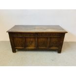 VINTAGE HEAVY OAK COFFER WITH LINEN FOLD DETAIL (KEY WITH AUCTIONEER) W 144CM, H 66CM,