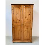 MODERN HONEY PINE 2 DOOR WARDROBE "ST MICHAELS" LABEL TO BACK, WIDTH 104CM, DEPTH 60CM,