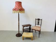 MAHOGANY EDWARDIAN CARVED BEDROOM CHAIR, MAHOGANY STANDARD LAMP & SHADE,