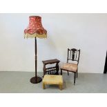 MAHOGANY EDWARDIAN CARVED BEDROOM CHAIR, MAHOGANY STANDARD LAMP & SHADE,