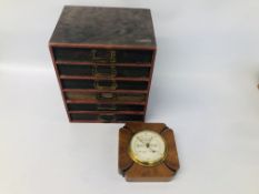 VINTAGE 6 DRAWER OFFICE/STORAGE CHEST ALONG WITH A VINTAGE BAROMETER