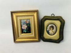 PORTRAIT MINIATURE IN VELVET FRAME ALONG WITH A LIMOGES FRAMED ENAMELED FLOWER MINIATURE