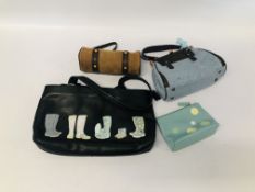 A DESIGNER RADLEY BLACK LEATHER HANDBAG, A RADLEY MAKE-UP BAG AND VANITY MIRROR,