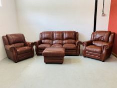 MODERN 4 PIECE BROWN LEATHER LOUNGE SUITE COMPRISING 2 ARMCHAIRS,