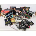 2 BOXES OF MIXED MUSIC RELATED BOOKS TO INCLUDE RECORD COLLECTOR, RONNIE, QUEEN, AXEL ROSE,