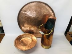 LARGE EASTERN DECORATIVE COPPER TRAY AND COPPER DECORATIVE PLATTER + COPPER COAL SCUTTLE