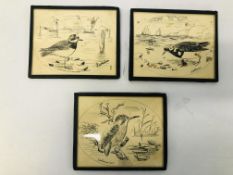 3 X FRAMED PEN & INK SKETCHES TO INCLUDE A KINGFISHER BEARING SIGNATURE A. PATTERSON - H 13CM.