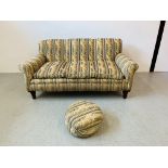 PERIOD SOFA TAPESTRY ROPE TWIST DESIGN ON OAK TURNED FEET W 182CM, D 101CM,