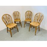 SET OF FOUR BEECHWOOD WHEEL BACK DINING CHAIRS