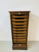 AN OAK TEN DRAWER FILING CHEST WITH TAMBER FRONT (LOCK MISSING) BRASS NAME PLAQUE TO FRONT "MANN