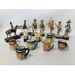 COLLECTION OF 8 MINIATURE CHARACTER JUGS & COLLECTION OF 7 DEPOSE ITALIAN SOLDIERS - 2 ON HORSEBACK