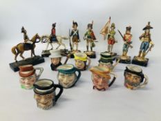 COLLECTION OF 8 MINIATURE CHARACTER JUGS & COLLECTION OF 7 DEPOSE ITALIAN SOLDIERS - 2 ON HORSEBACK