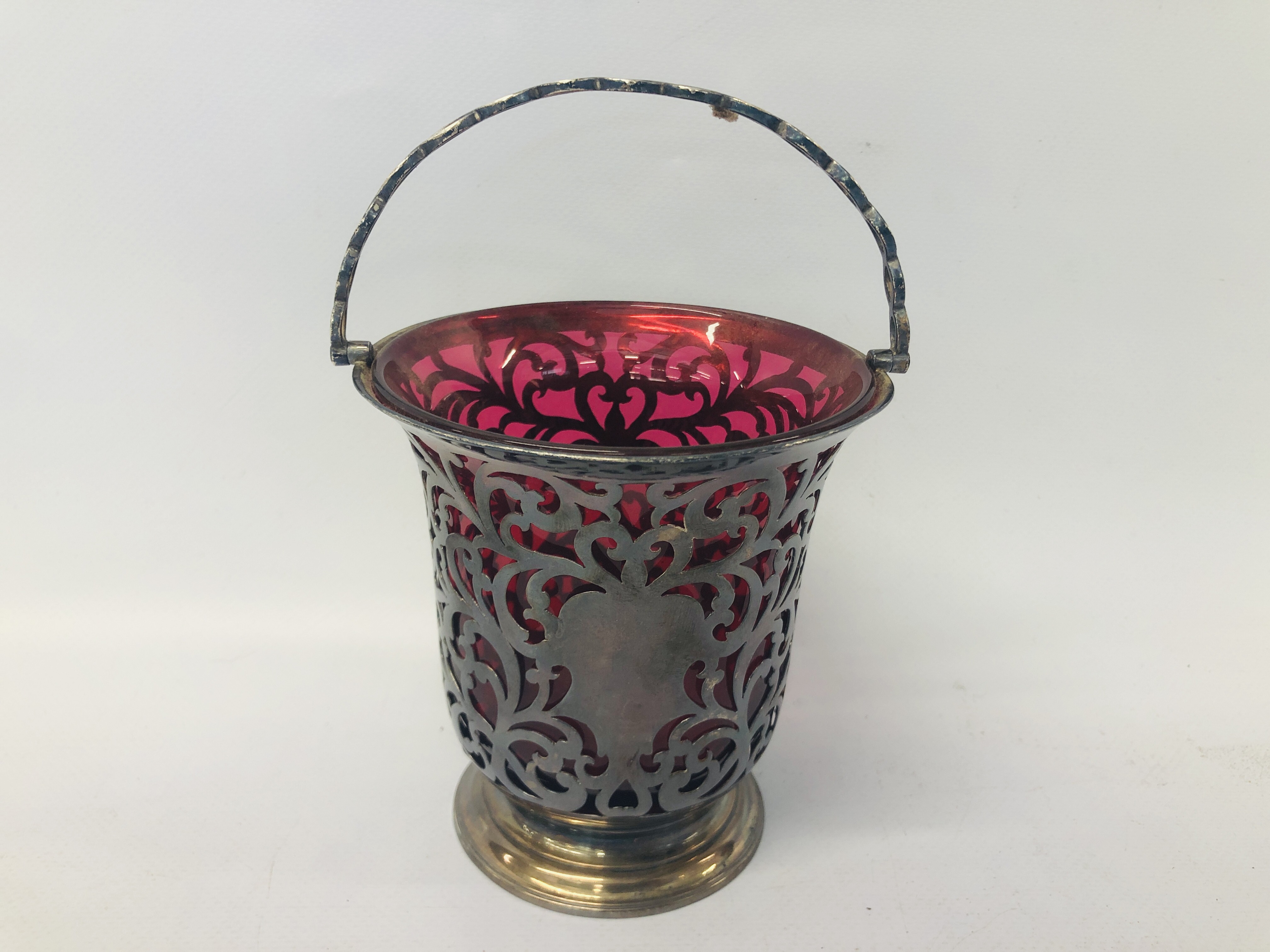 PERIOD SILVER OPEN WORK BASKET WITH CRANBERRY GLASS LINER H 11CM (NOT INCLUDING HANDLE)
