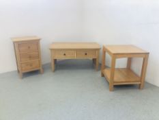 3 PIECES OF MODERN OAK FURNITURE TO INCLUDE 2 DRAWER COFFEE TABLE - 95CM X 47CM X 55CM.