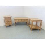 3 PIECES OF MODERN OAK FURNITURE TO INCLUDE 2 DRAWER COFFEE TABLE - 95CM X 47CM X 55CM.