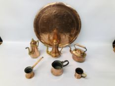 DECORATIVE COPPER TRAY CONTAINING COPPER KETTLES, MEASURES ETC.